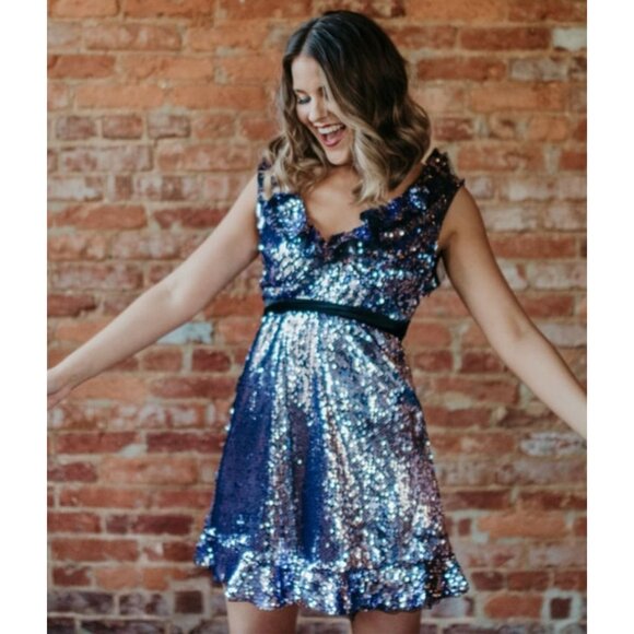 Free People Siren Sequin Mini Dress Purple Silver Ruffle Velvet Trim Party Sz 6 - Picture 2 of 16